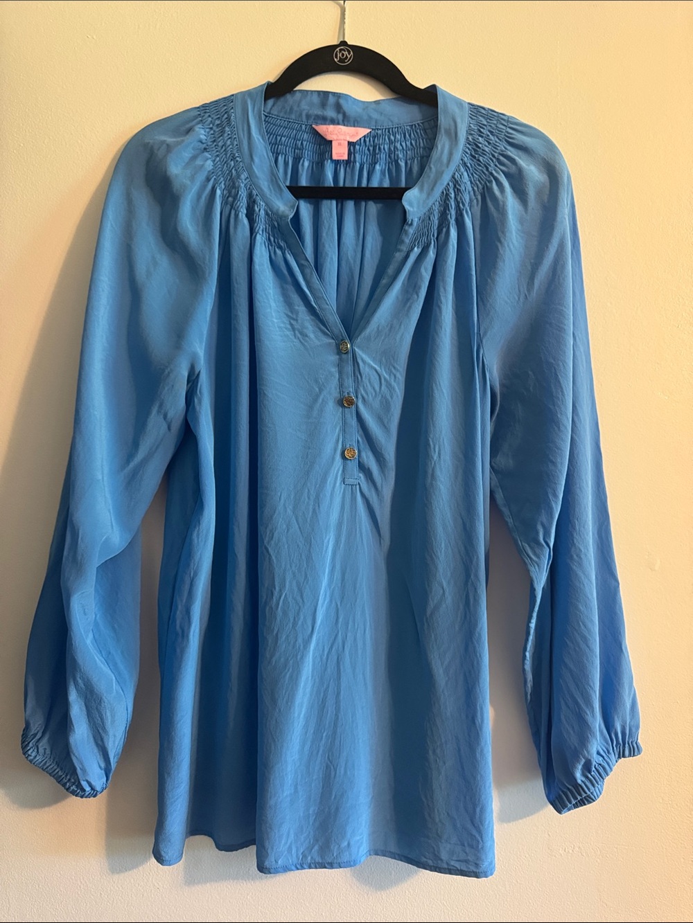 Lilly Pulitzer 100% Silk Blue Smocked Yoke Long Sleeve Top